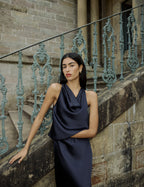 Navy Cowl Neck Satin Top