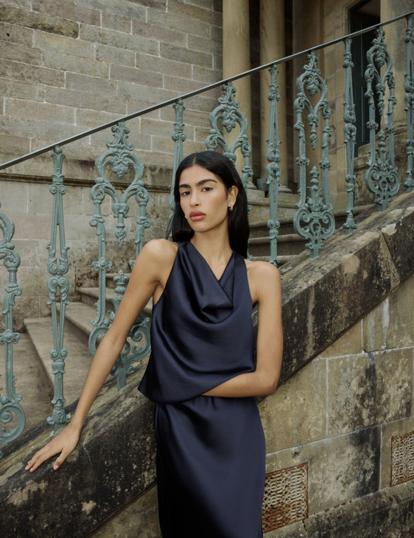 Navy sleeveless cowl neck satin top