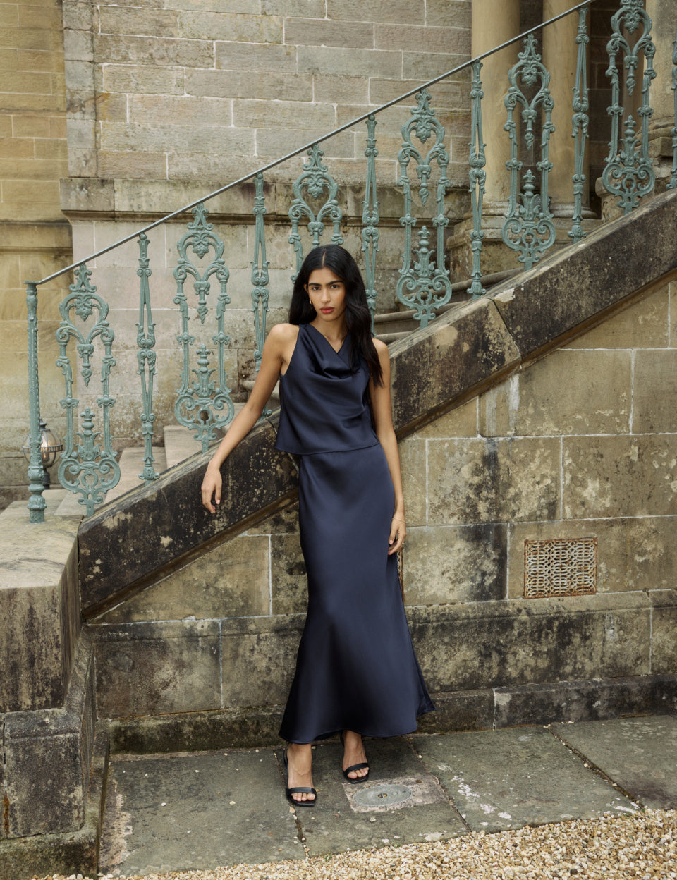 Navy Cowl Neck Satin Top