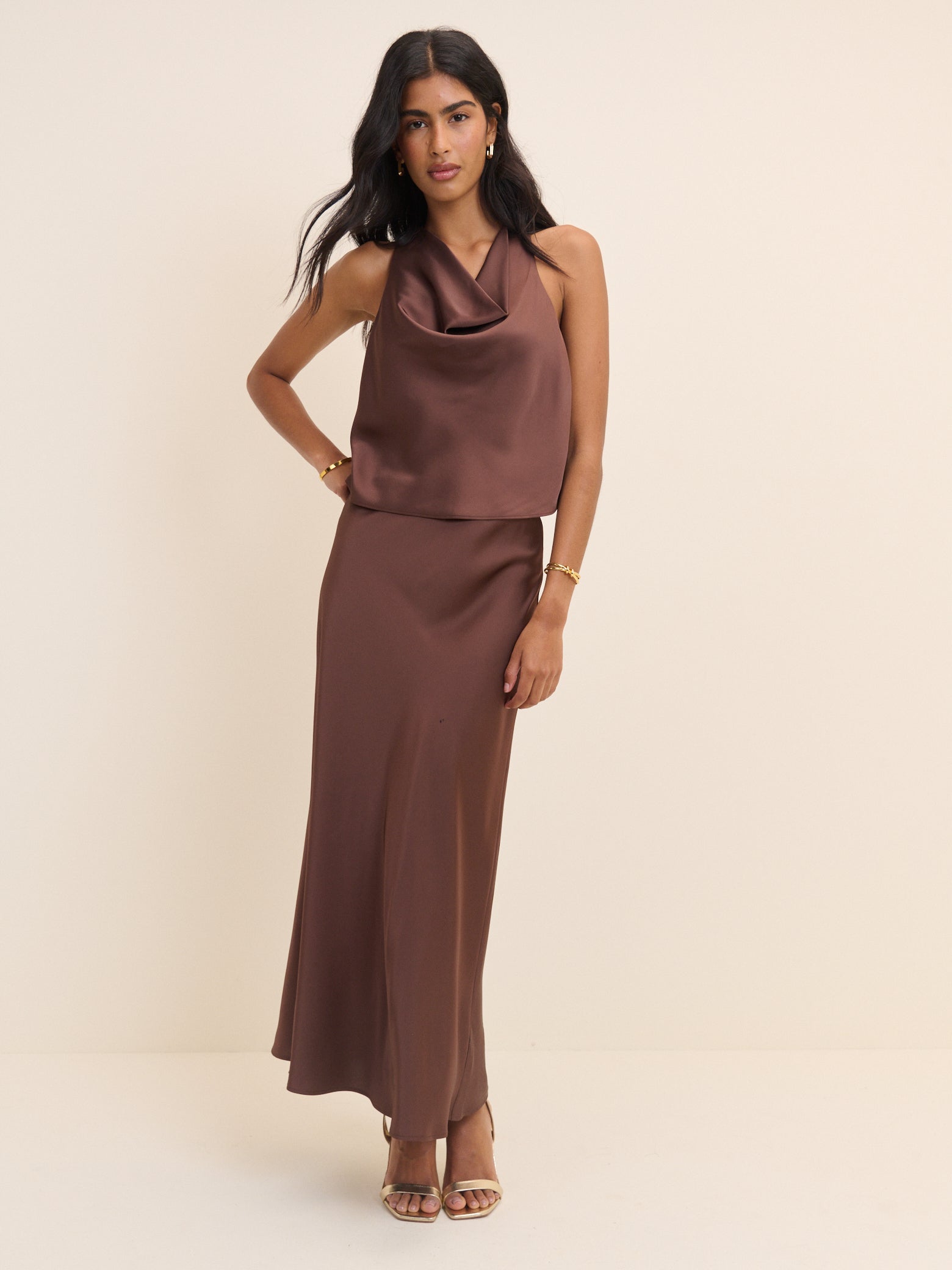 Brown Satin Slip Maxi Skirt