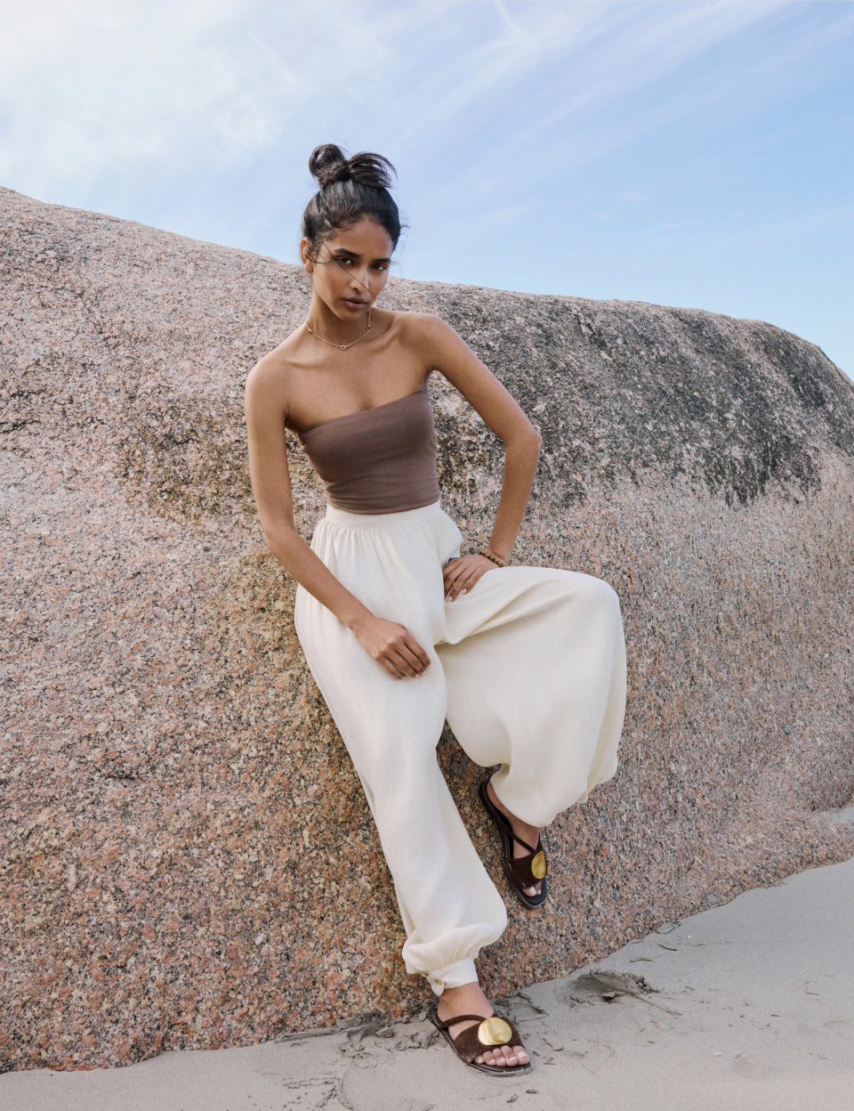 Cream Balloon Leg Satin Cuffed Trousers