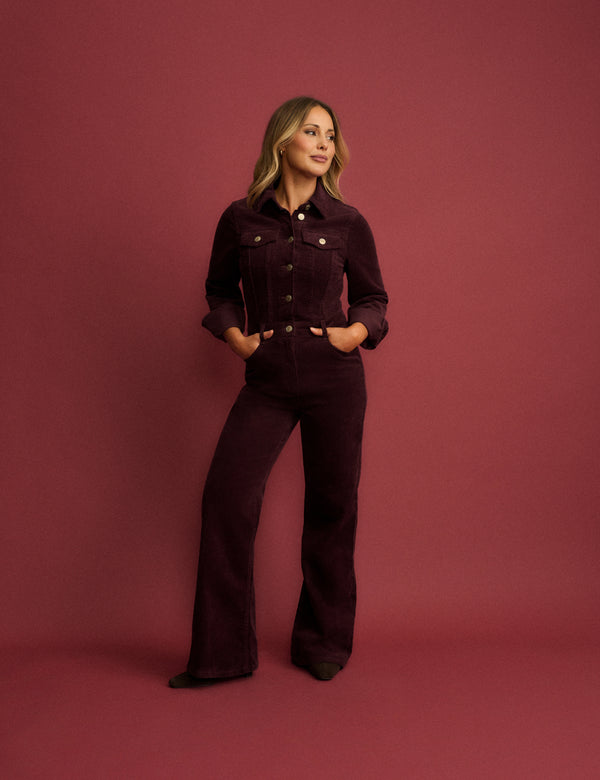 Burgundy Cord Flared Jumpsuit