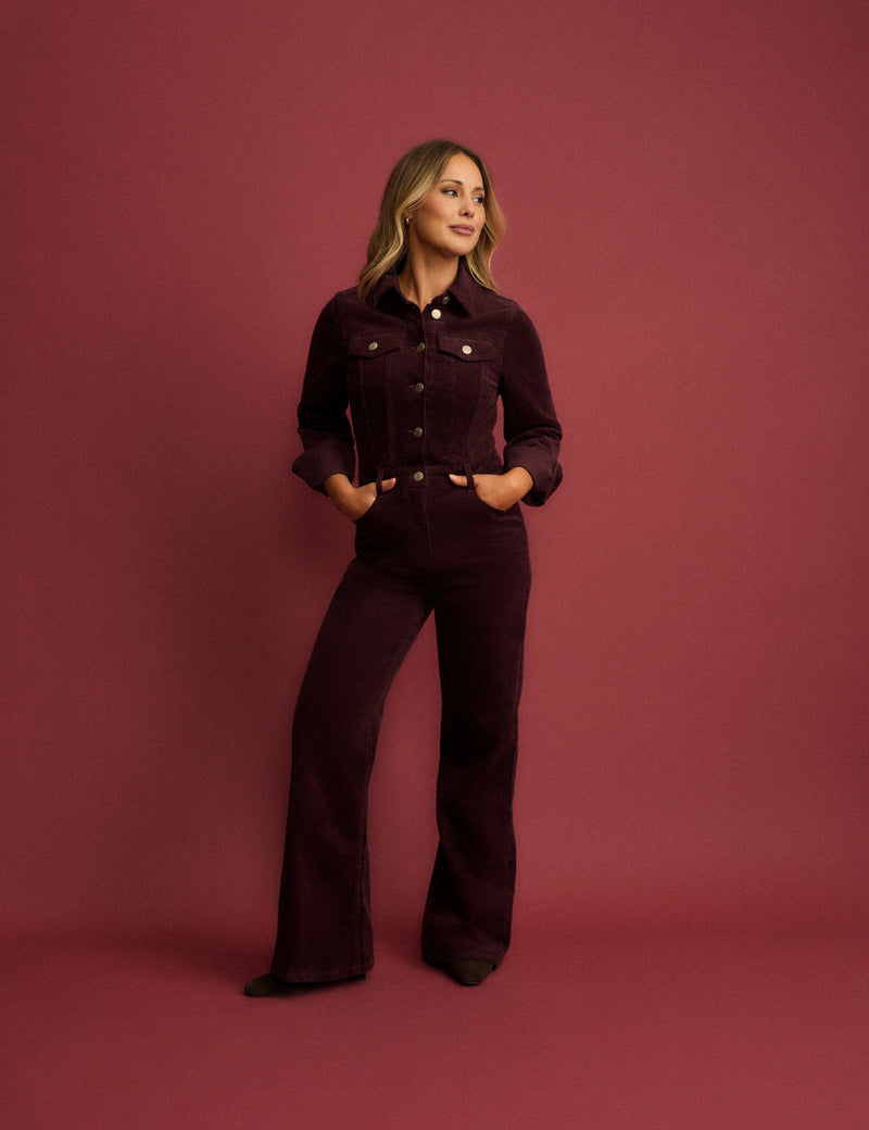 Burgundy Cord Flared Jumpsuit