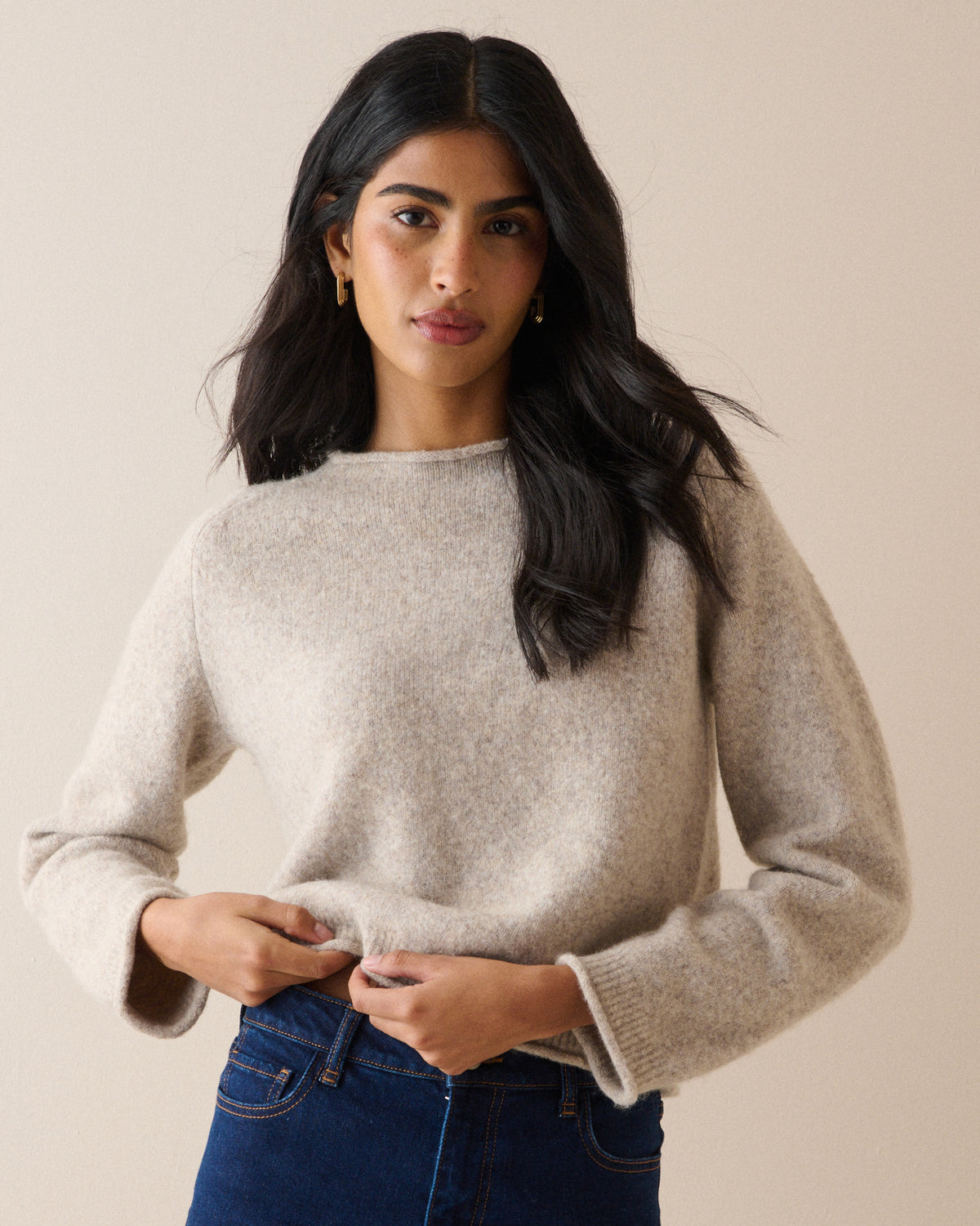 Oatmeal Ribbed Trim Boat Neck Jumper