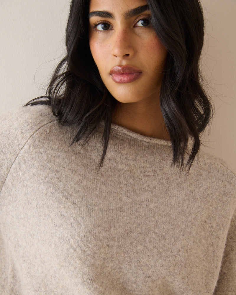 Oatmeal Ribbed Trim Boat Neck Jumper