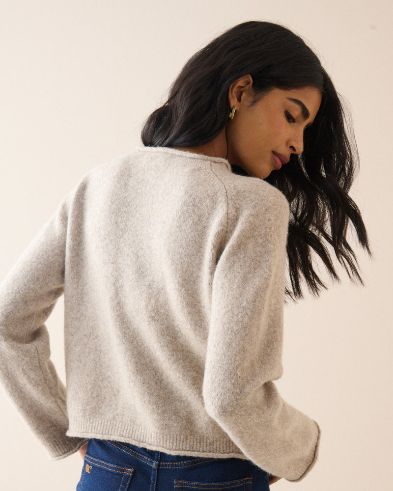 Oatmeal Ribbed Trim Boat Neck Jumper