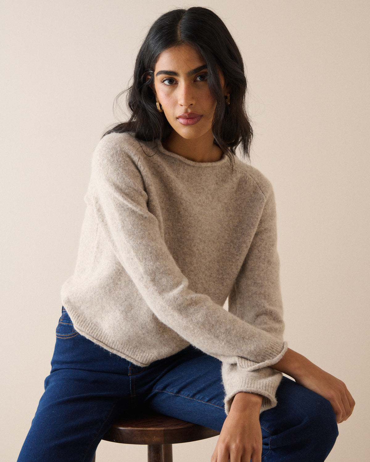 Oatmeal Ribbed Trim Boat Neck Jumper