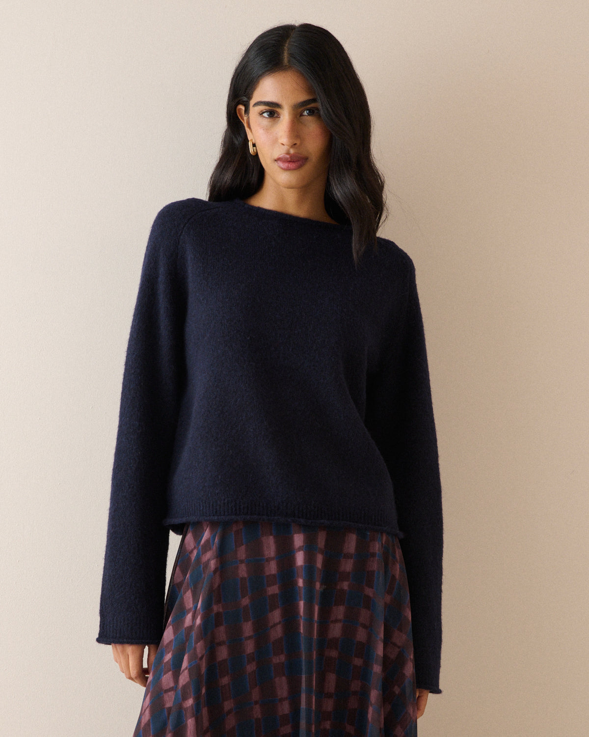 Navy Ribbed Trim Boat Neck Jumper