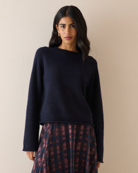 Navy Ribbed Trim Boat Neck Jumper