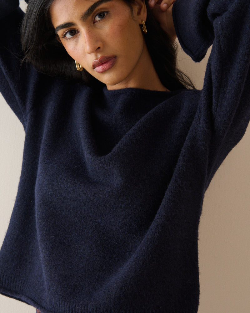Navy Ribbed Trim Boat Neck Jumper