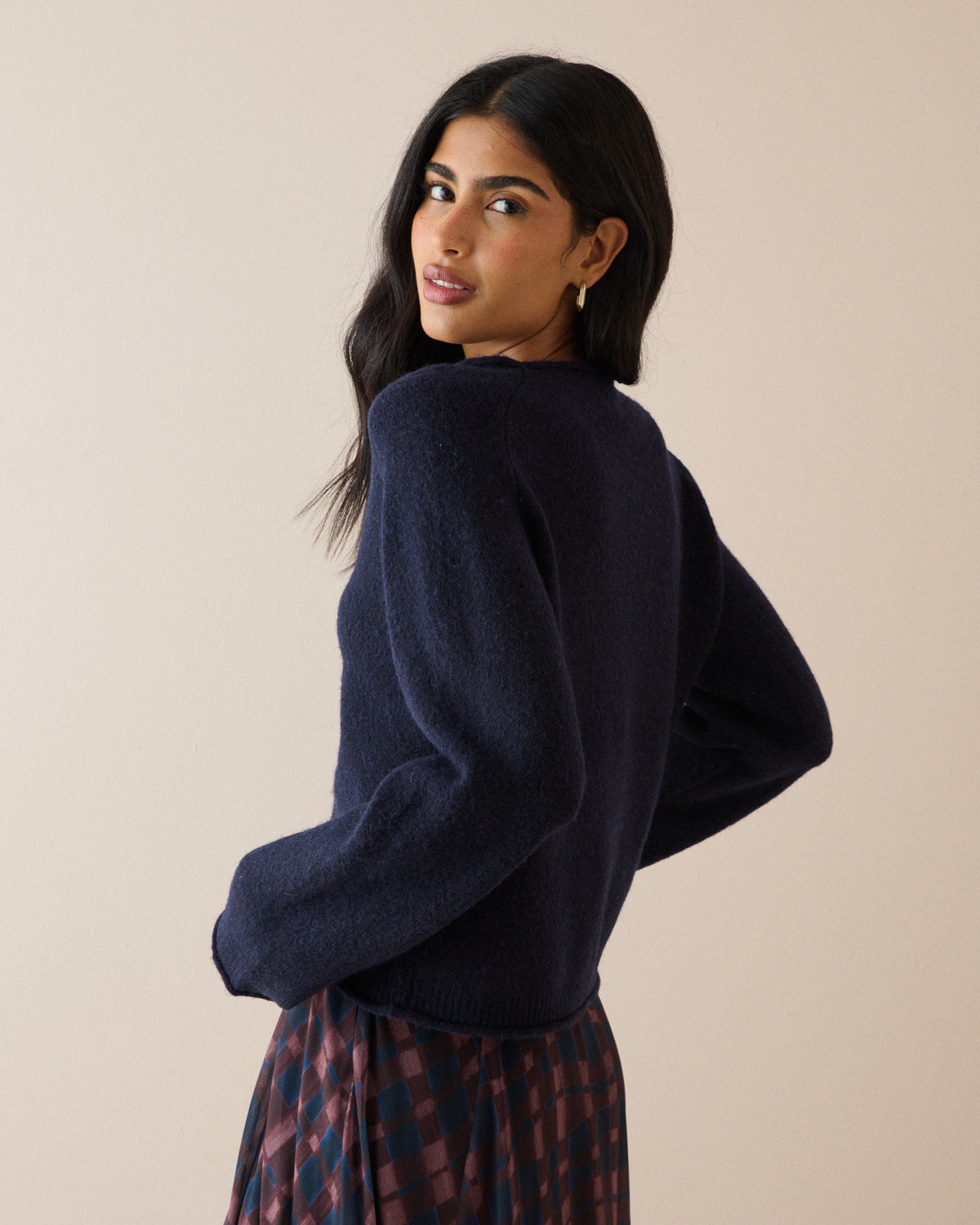 Navy Ribbed Trim Boat Neck Jumper