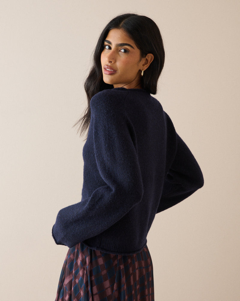 Navy Ribbed Trim Boat Neck Jumper