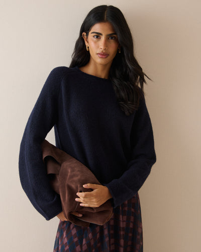 Navy Ribbed Trim Boat Neck Jumper