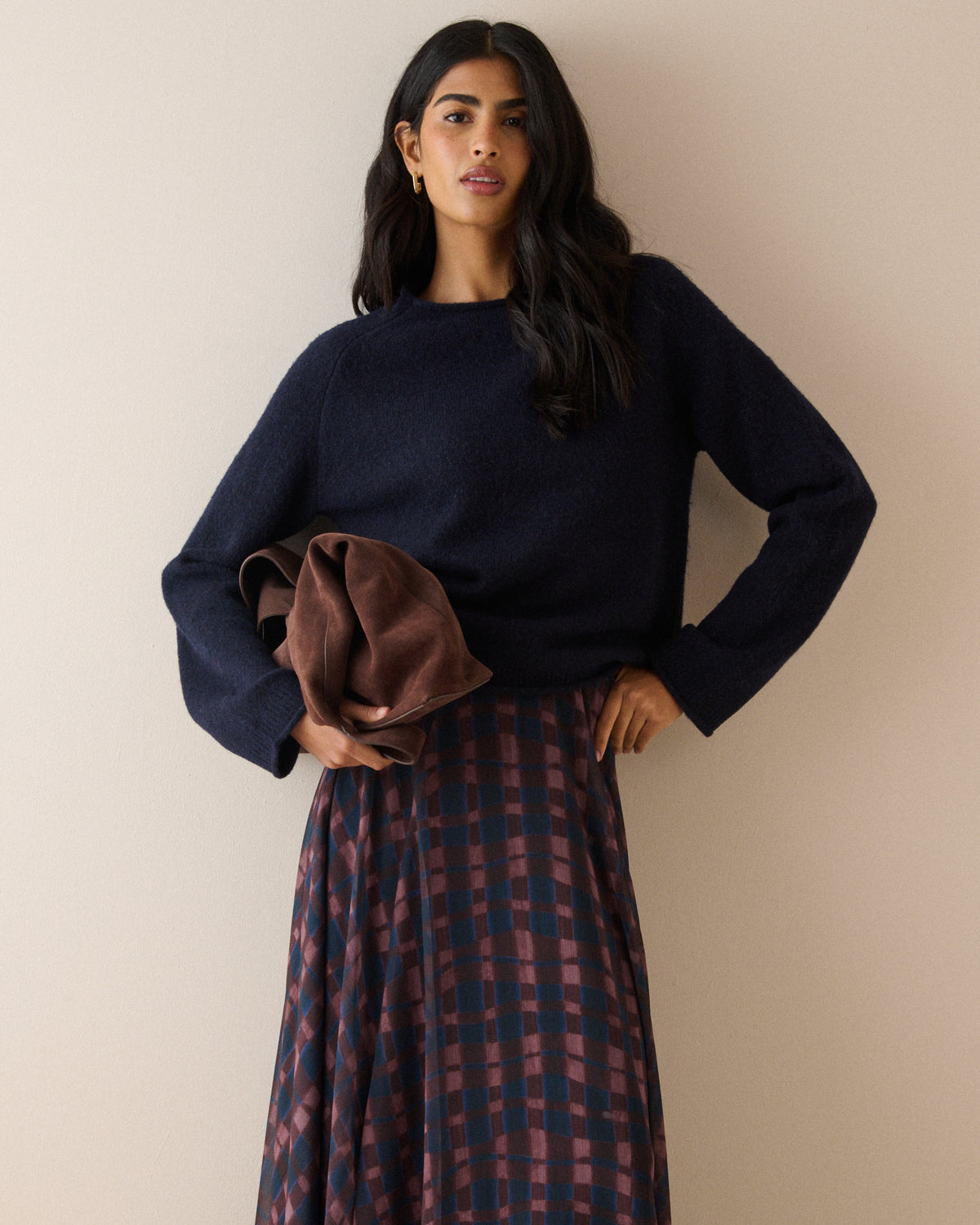 Navy Ribbed Trim Boat Neck Jumper