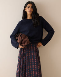 Navy Ribbed Trim Boat Neck Jumper
