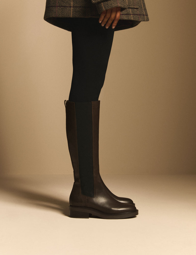 Mahogany Brown Leather Knee High Boots