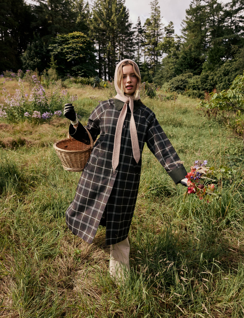 Brown and Green Tartan Collared Car Coat