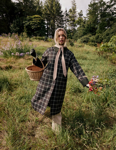 Brown and Green Tartan Collared Car Coat