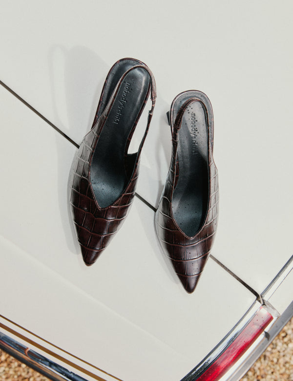 Brown Croc-Embossed Leather Slingback Heels