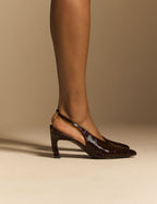 Brown Croc-Embossed Leather Slingback Heels