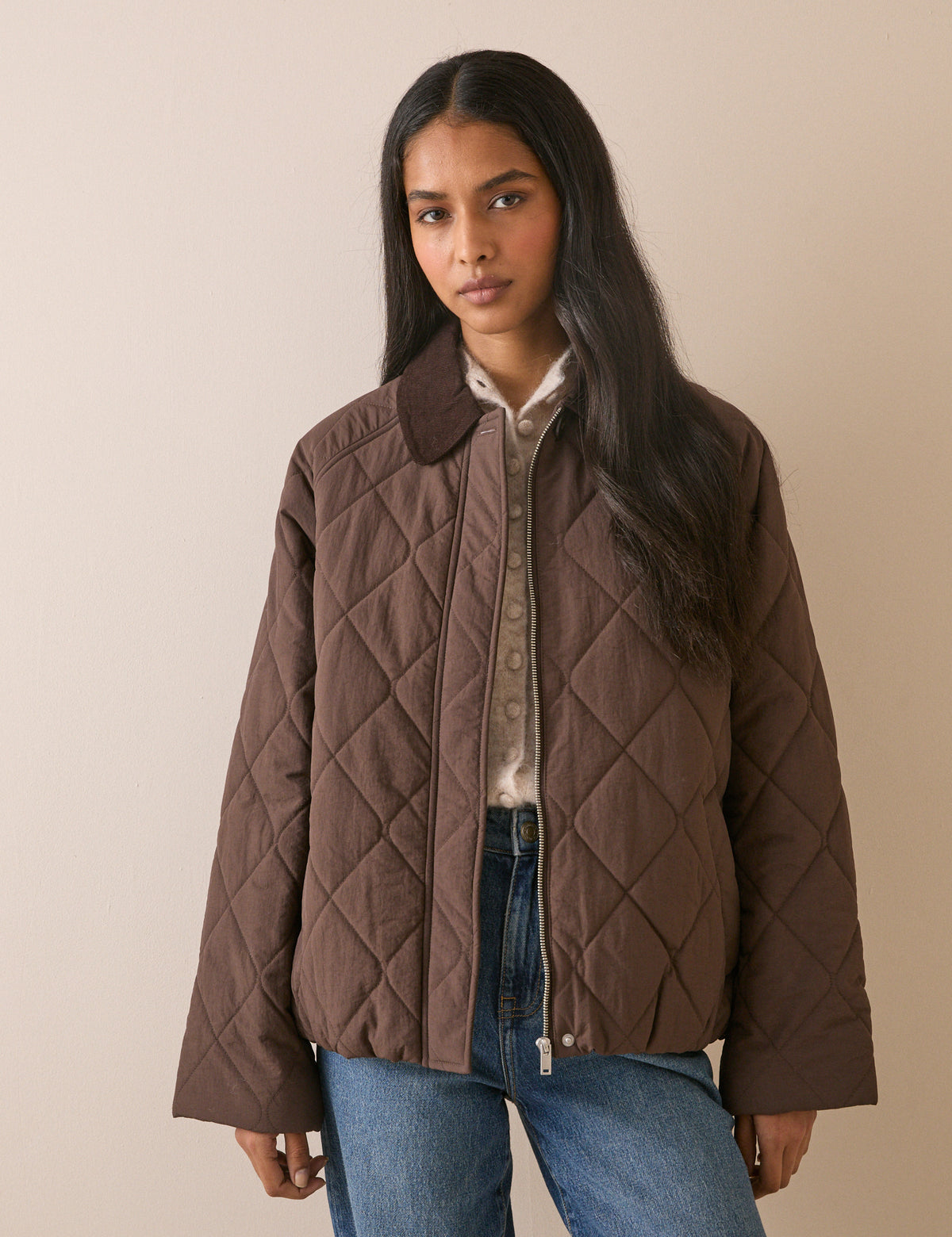 Brown Quilted Blouson Bomber Jacket