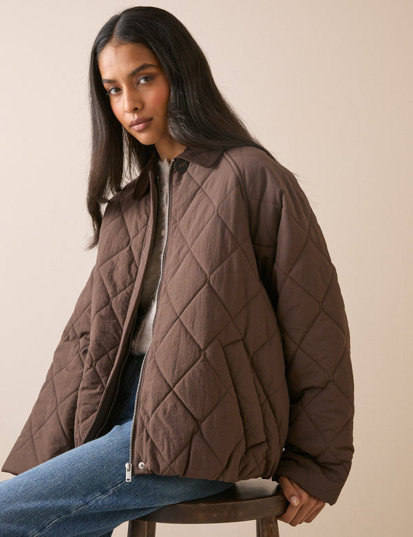 Brown Quilted Blouson Bomber Jacket