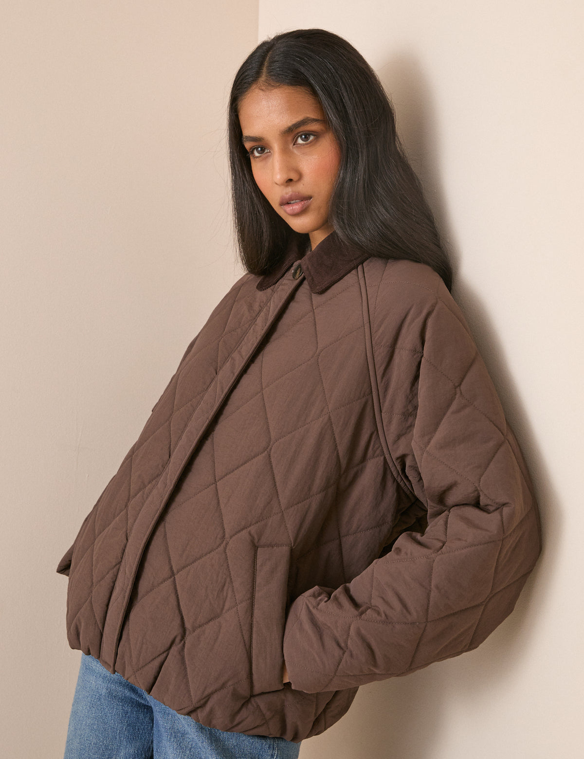 Brown Quilted Blouson Bomber Jacket