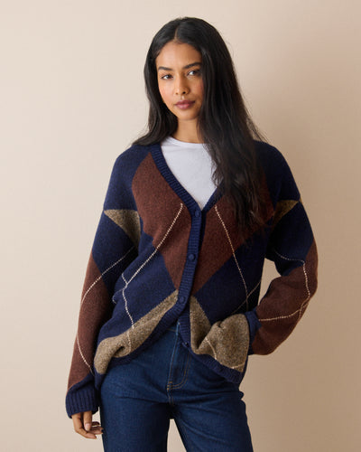 Navy argyle longline V-neck cardigan