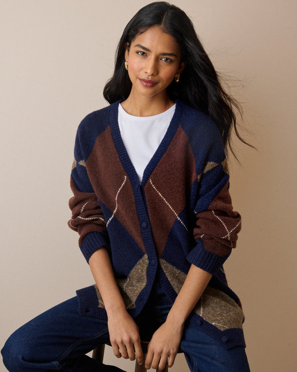 Navy Argyle Long Line Cardigan