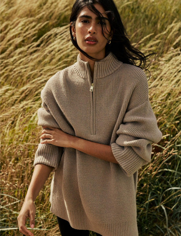 Beige Half Zip Chunky Jumper