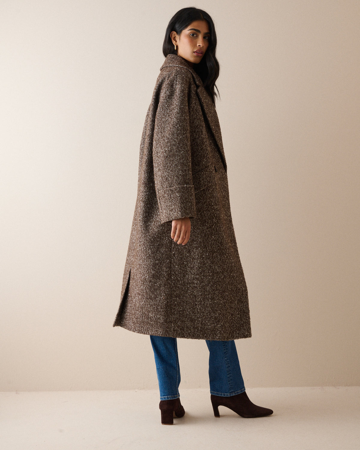Brown Herringbone Relaxed Coat