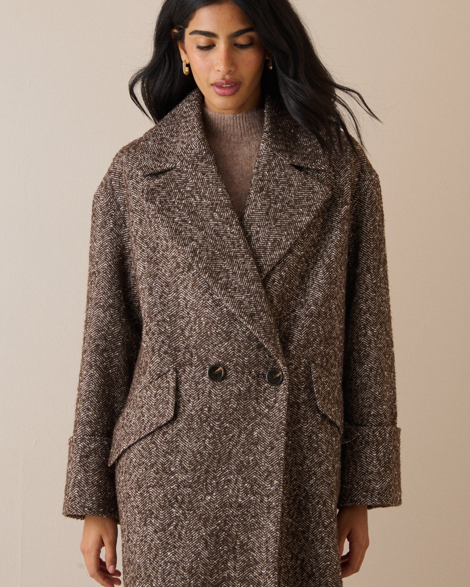 Brown Herringbone Relaxed Coat