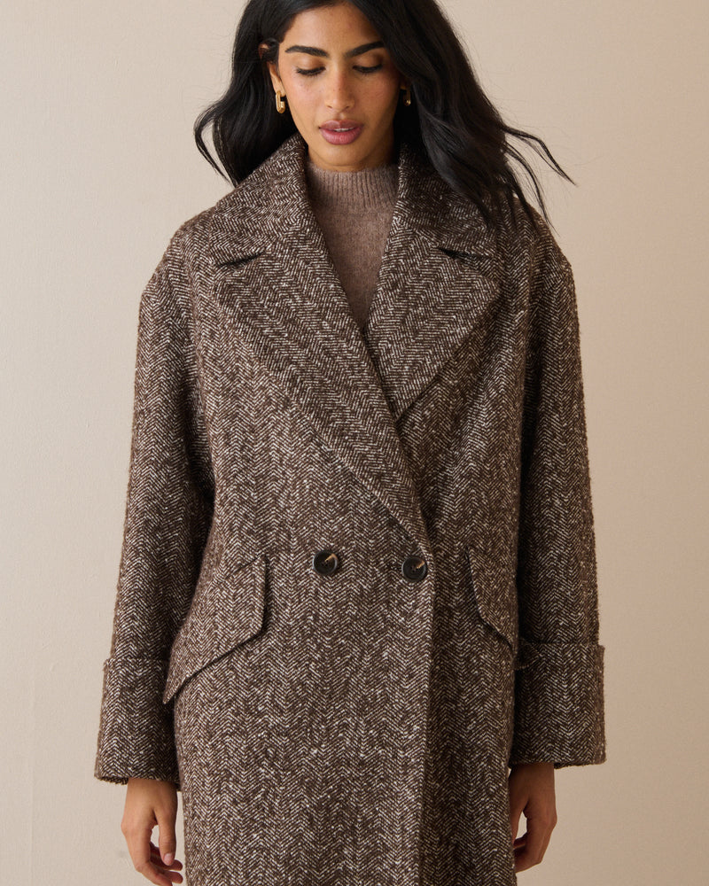 Brown Herringbone Relaxed Coat