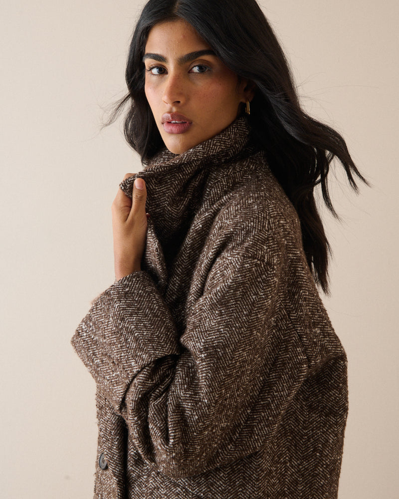 Brown Herringbone Relaxed Coat