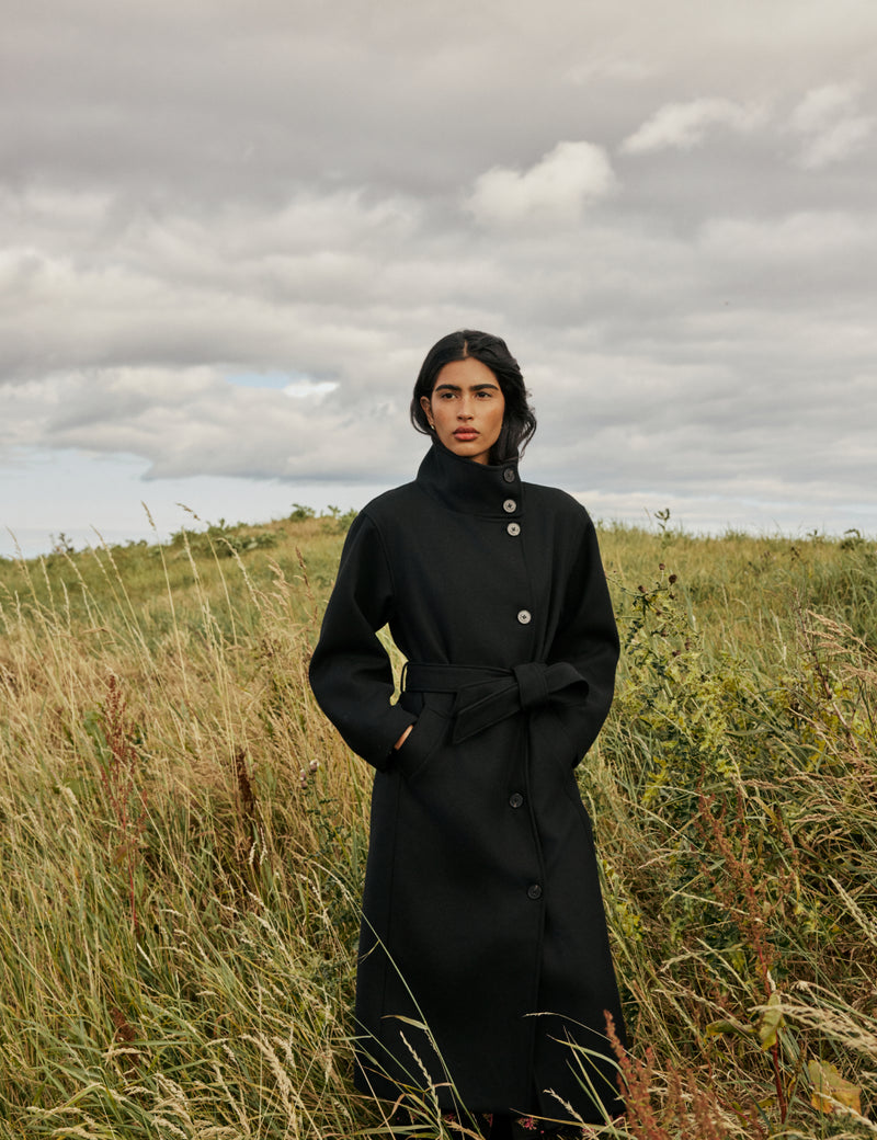 Black Wool-Blend Funnel Neck Coat