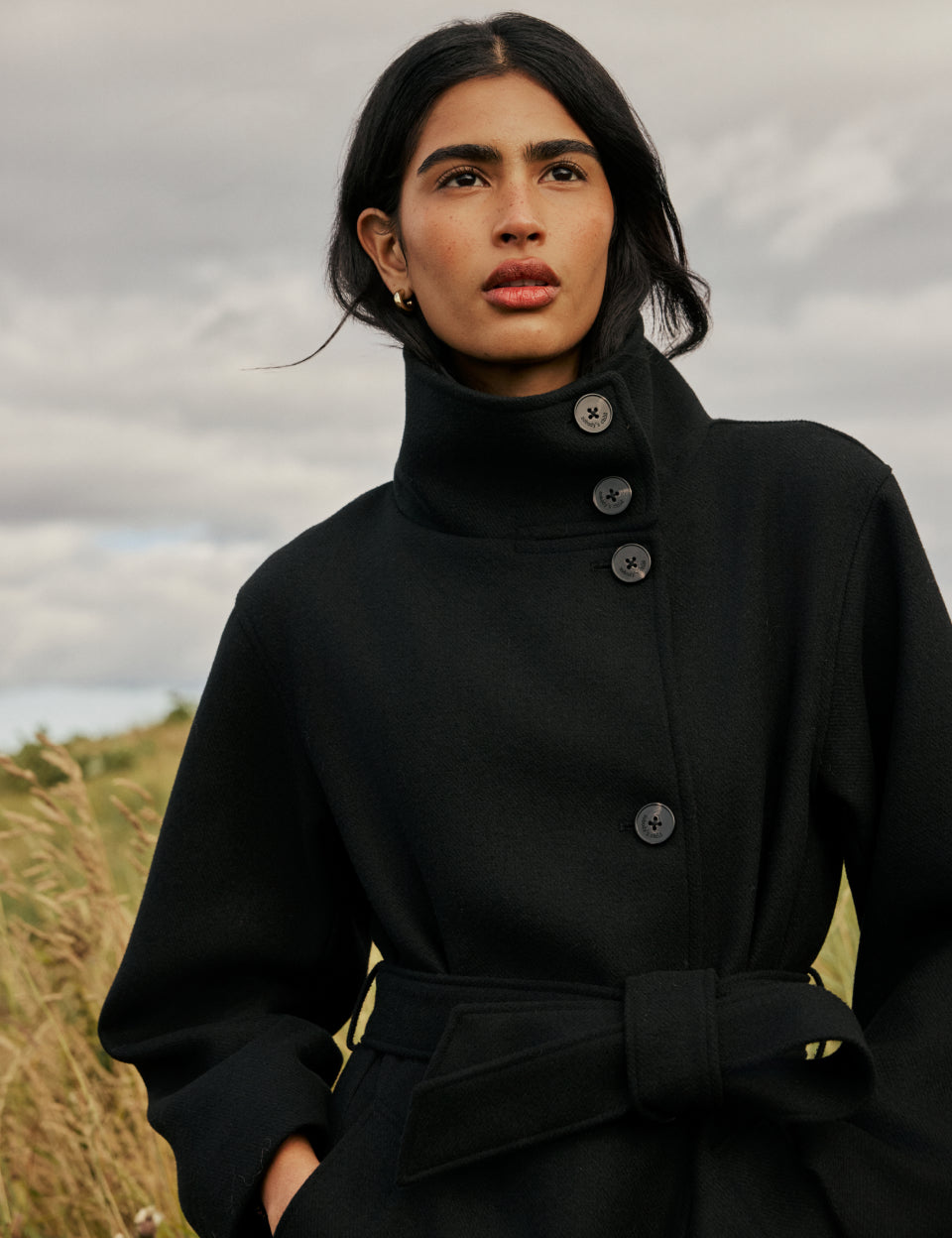 Black Wool-Blend Funnel Neck Coat