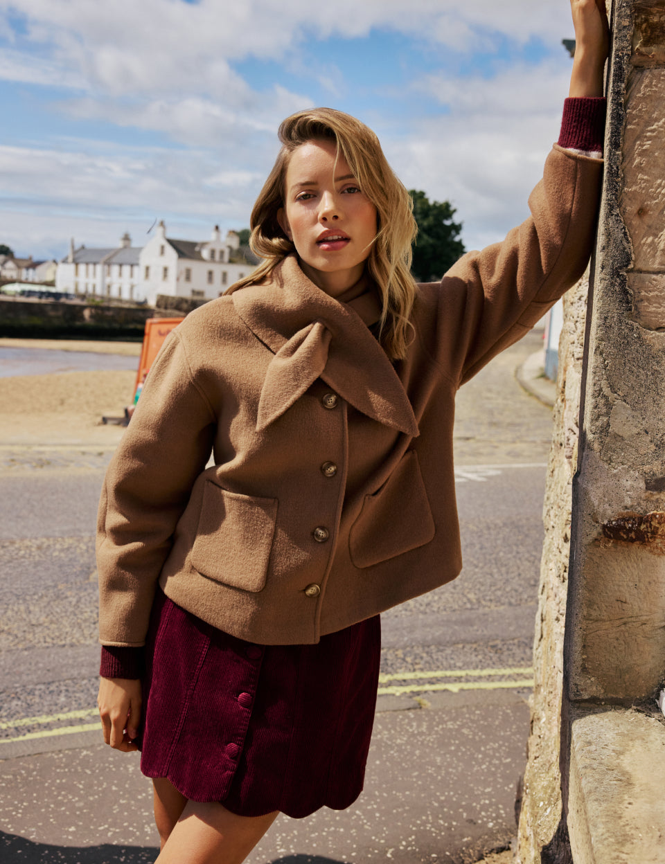 Camel Wool-Blend Neck Tie Jacket