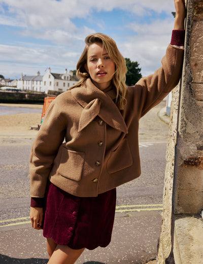 Camel Wool-Blend Neck Tie Jacket