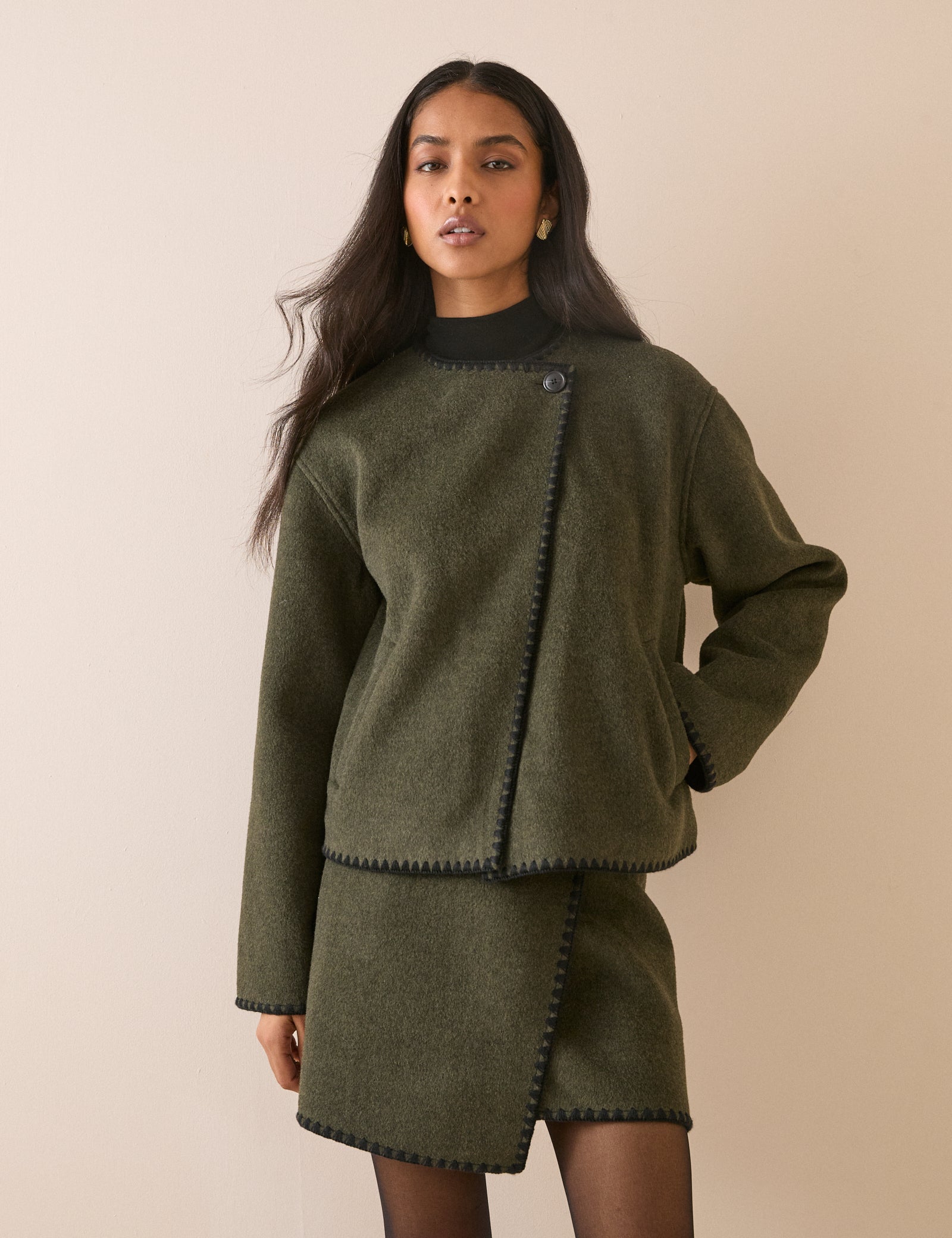 Khaki Whipstitch Asymmetric Wool-Blend Jacket