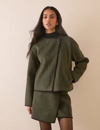 Khaki Whipstitch Asymmetric Wool-Blend Jacket