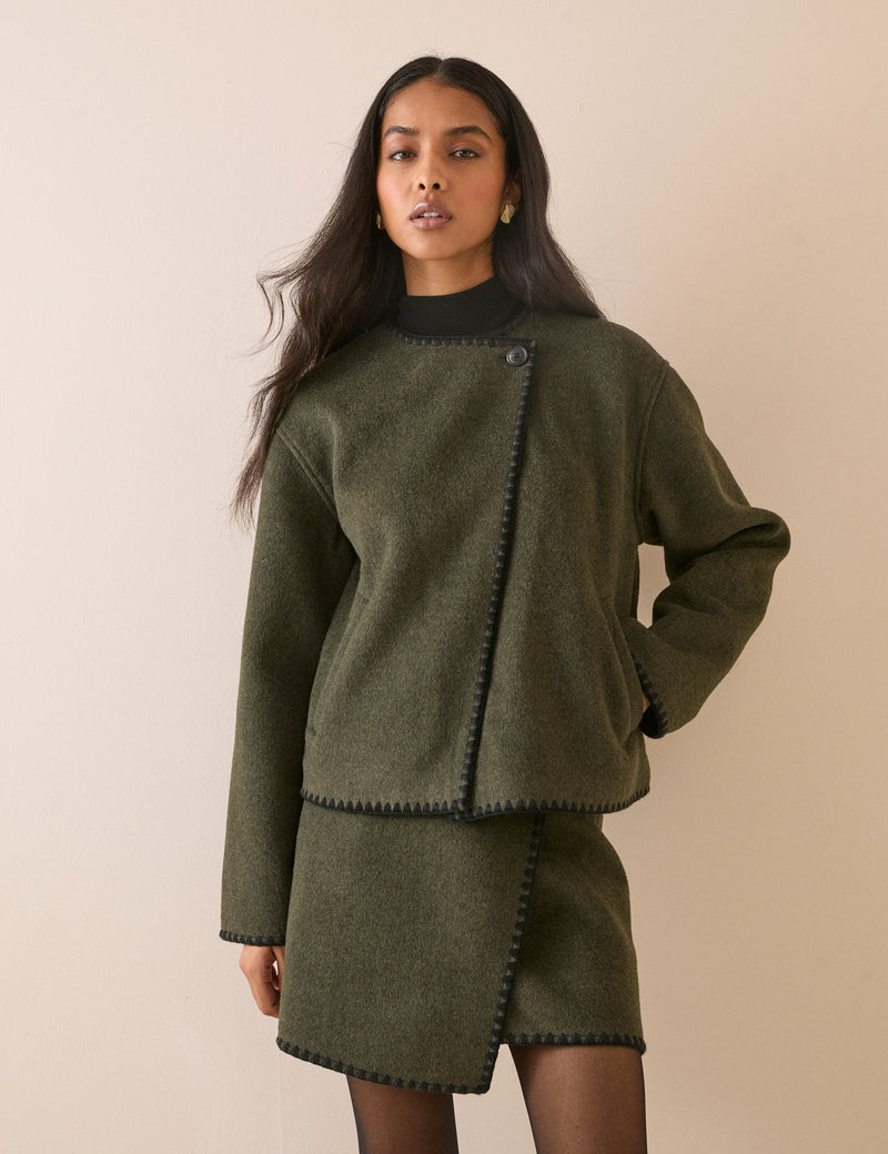 Khaki Whipstitch Asymmetric Wool-Blend Jacket