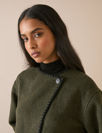 Khaki Whipstitch Asymmetric Wool-Blend Jacket