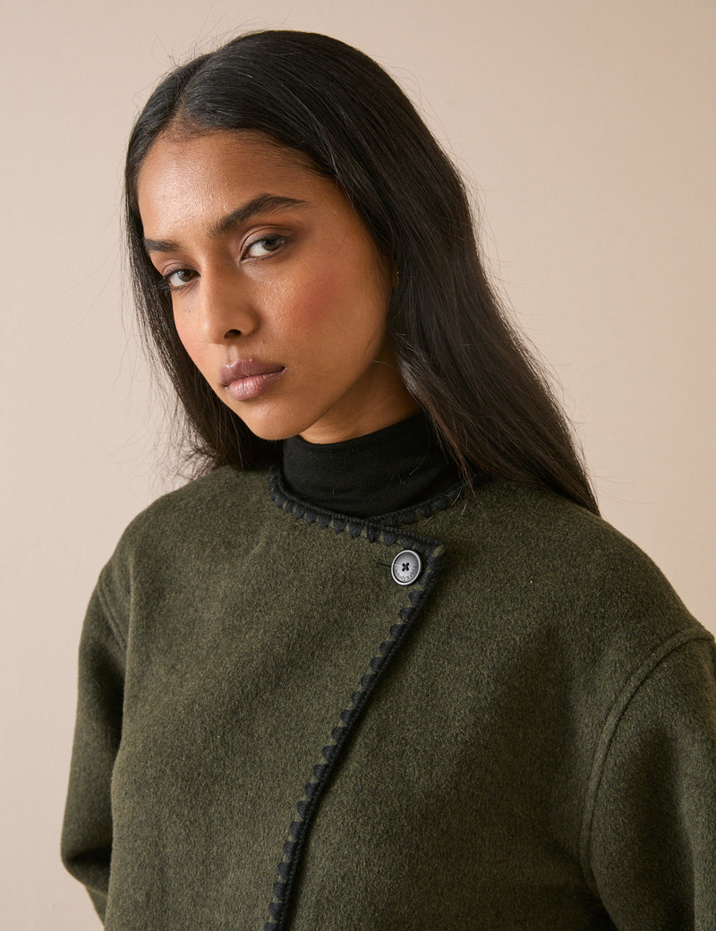 Khaki Whipstitch Asymmetric Wool-Blend Jacket