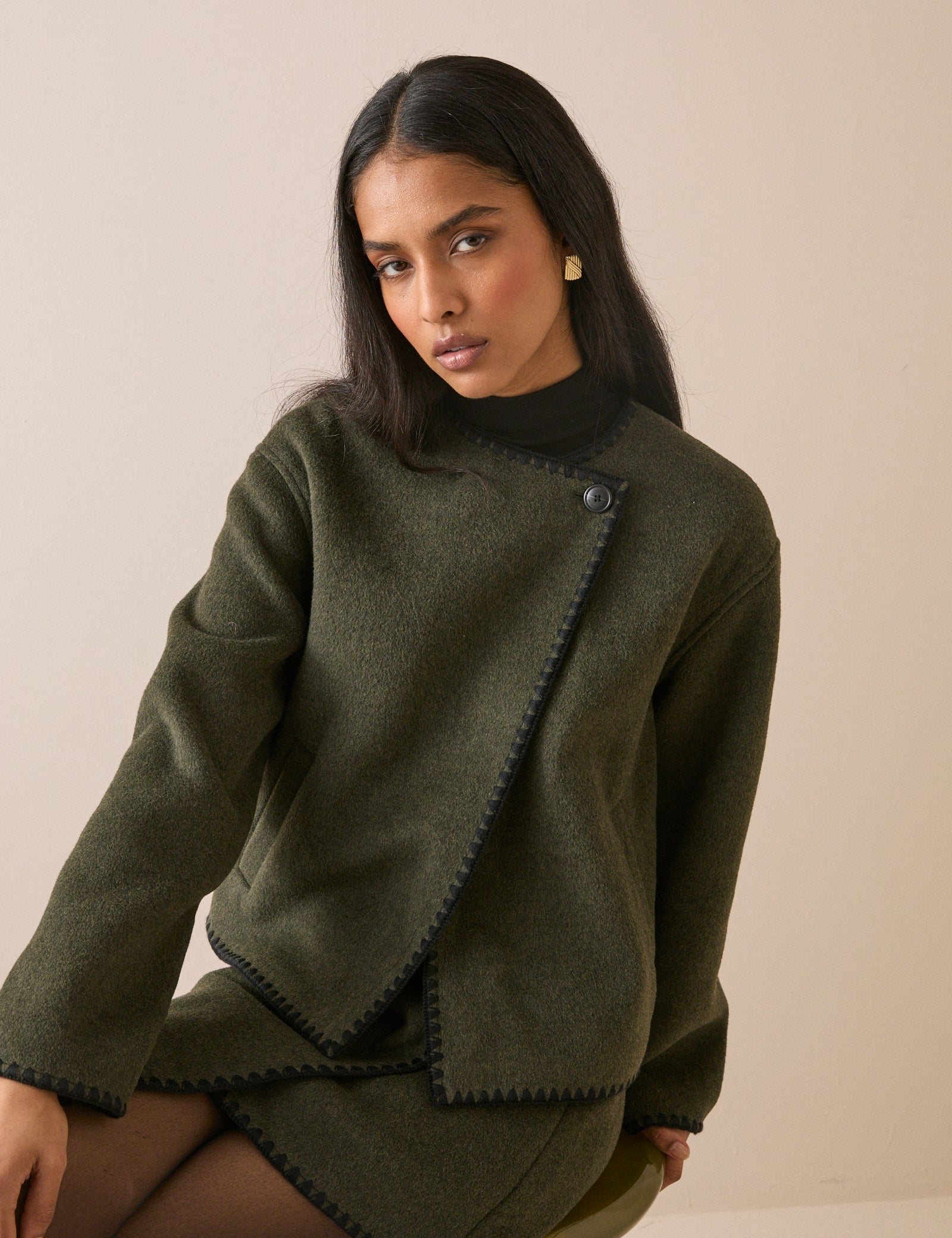 Khaki Whipstitch Asymmetric Wool-Blend Jacket