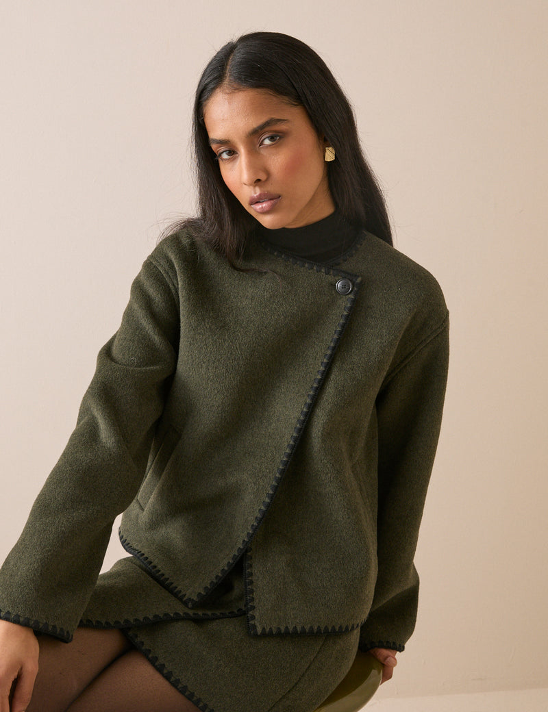 Khaki Whipstitch Asymmetric Wool-Blend Jacket
