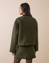 Khaki Whipstitch Asymmetric Wool-Blend Jacket