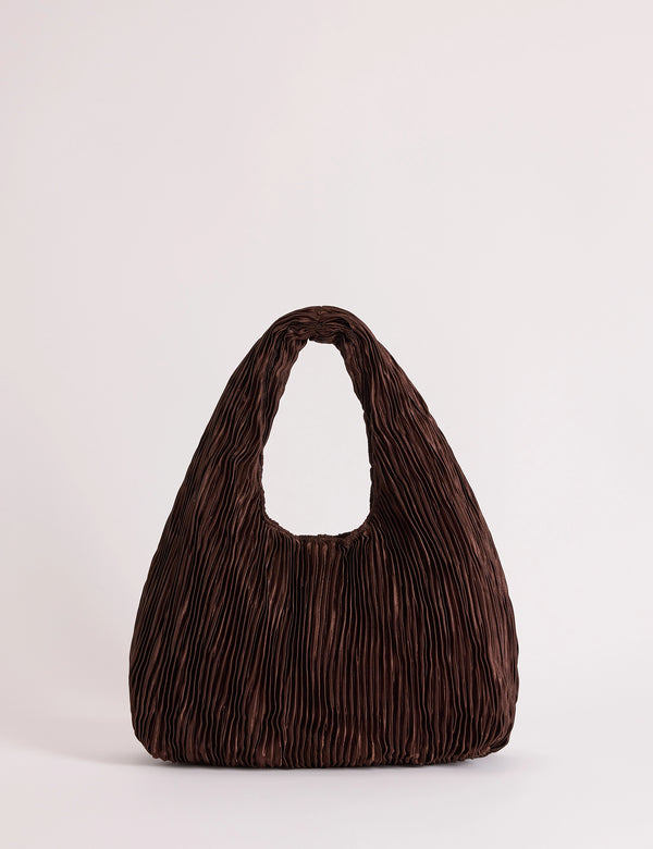 Brown Pleated Satin Shoulder Bag