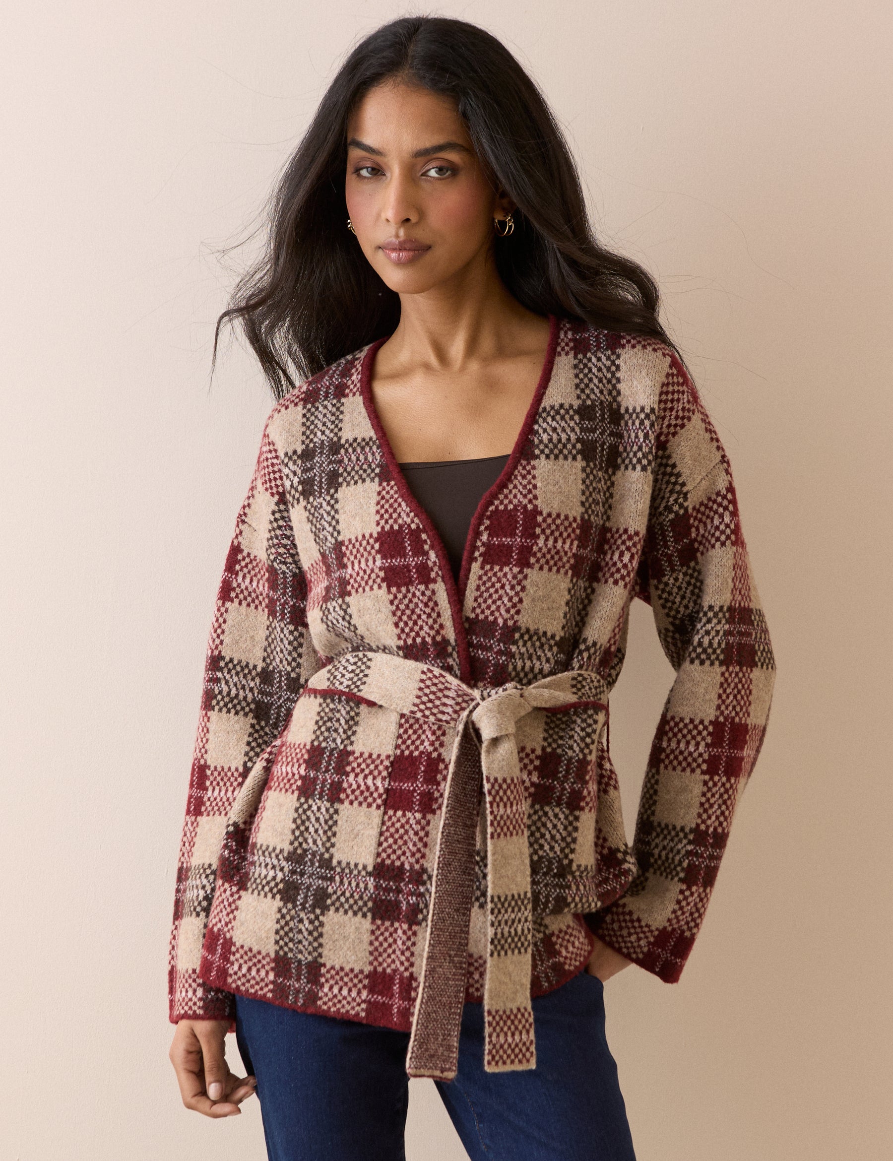 Brown and Burgundy Check Belted Knit Jacket