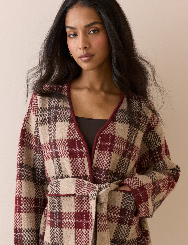 Brown and Burgundy Check Belted Knit Jacket