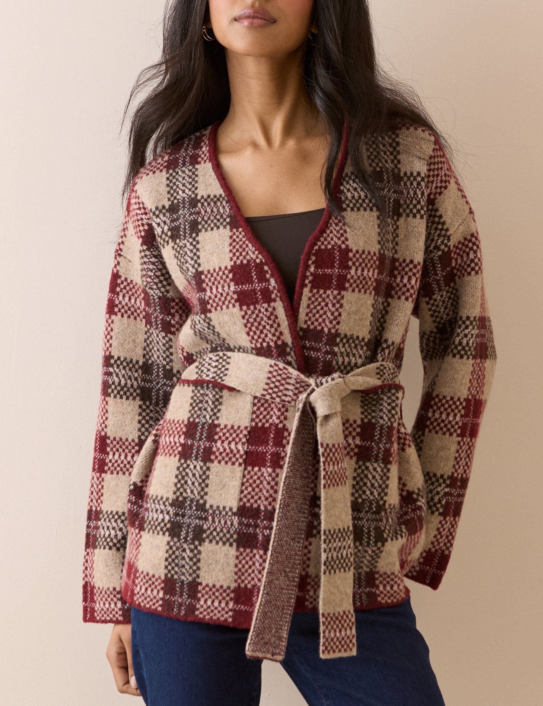 Brown and Burgundy Check Belted Knit Jacket